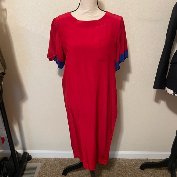 Vintage 80’s Liz Claiborne silk red dress color block sleeves midi front pocket - Picture 4 of 9